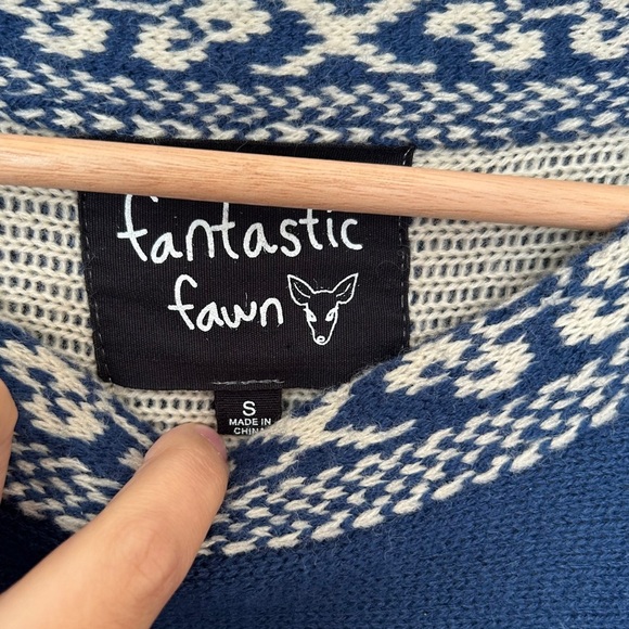 Fantastic Fawn Navy Fringe Poncho Sweater Aztec Knit Size S - Picture 4 of 7